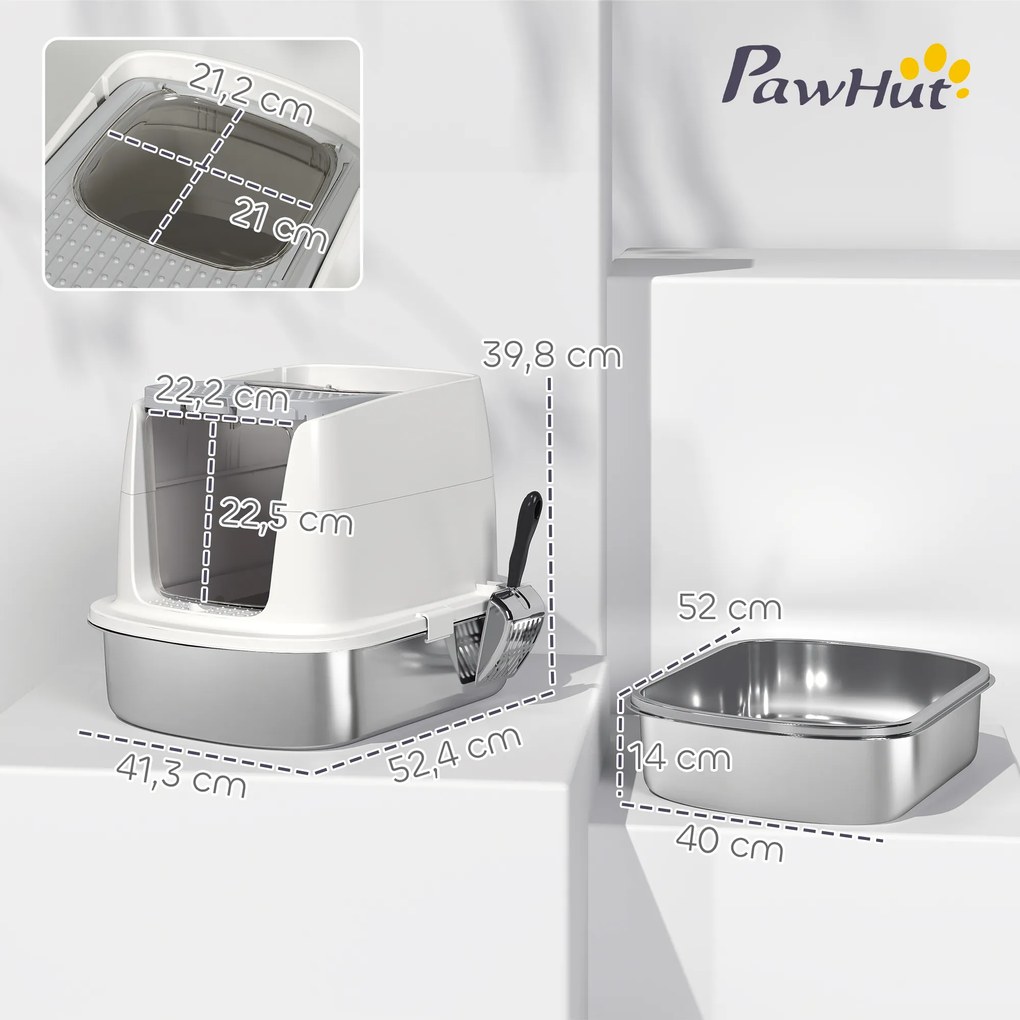 PawHut Toaleta dla kotów ze stali nierdzewnej, zamknięta toaleta z szufelką i workiem na zapachy, z wejściem i wyjściem