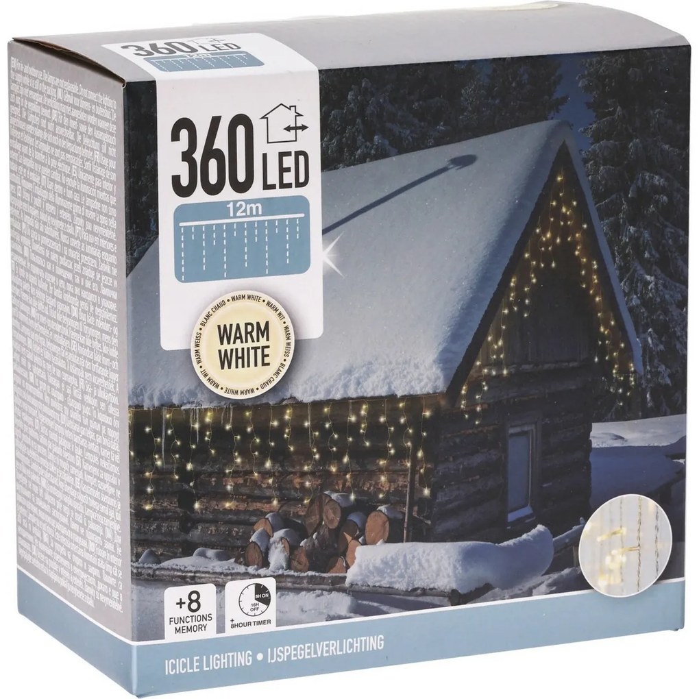 Łańcuch zewnętrzny Sople 12 m, 360 diod LED, ciepła biała, timer, IP44