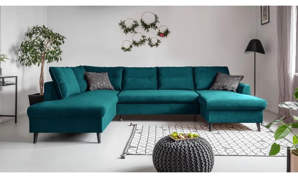 Turkusowa aksamitna rozkładana sofa w kształcie litery "U" Miuform Stylish Stan, lewostronna