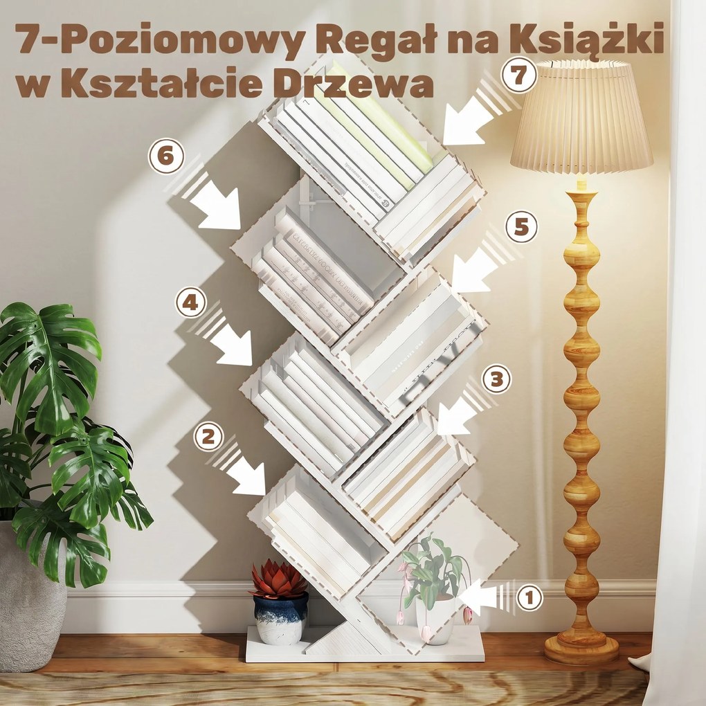 HOMCOM Regał stojący z 7 półkami, wąski regał w kształcie drzewa do biura, rustykalny biały | Aosom PL