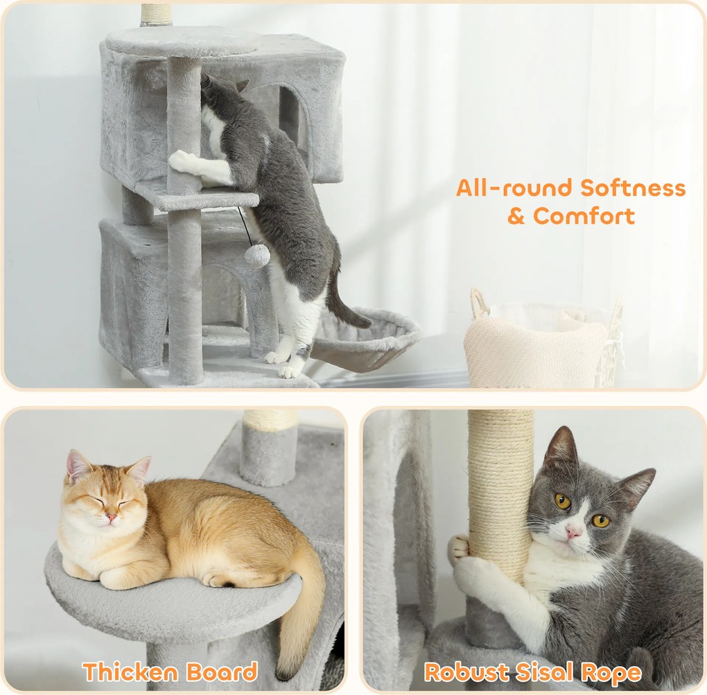 PawHut 140 cm drapak dla kota, wielopoziomowy, słupki do drapania z sizalu, kryjówki, pluszowe platformy, hamak, drabinka, piłeczki do zabawy