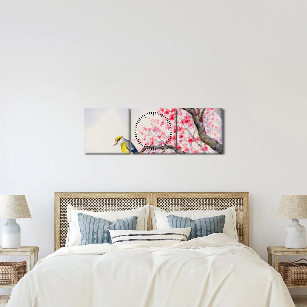 Obraz - ptak na drzewie z czerwonymi kwiatami (z zegarem) (90x30 cm)