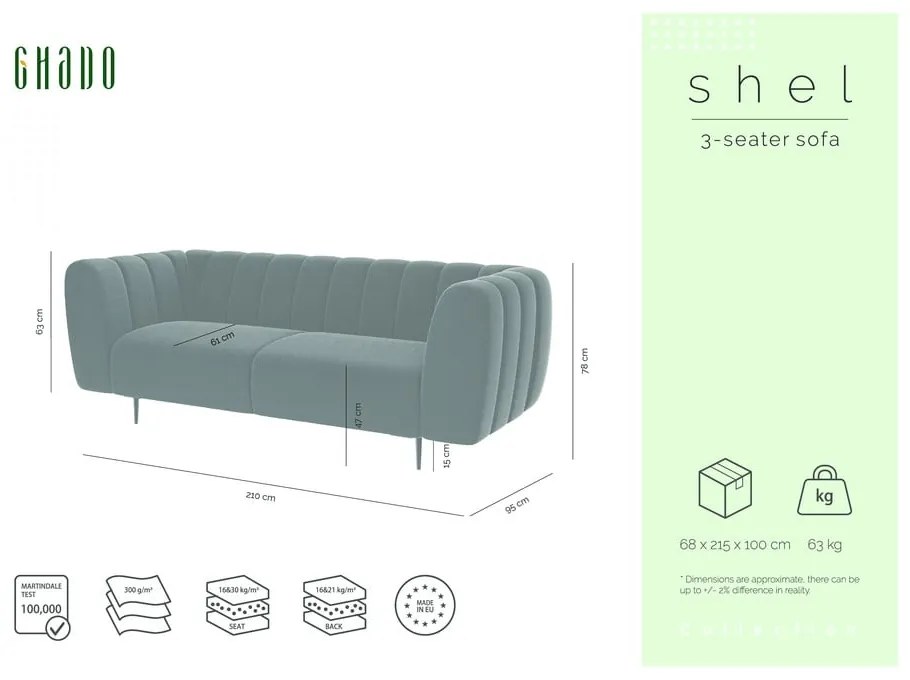Miodowożółta aksamitna sofa Ghado Shel, 210 cm