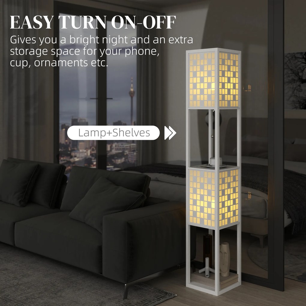 HOMCOM Lampa Podłogowa w Kratkę z 2-Poziomowymi Półkami, dla Różnych Żarówek, Biała