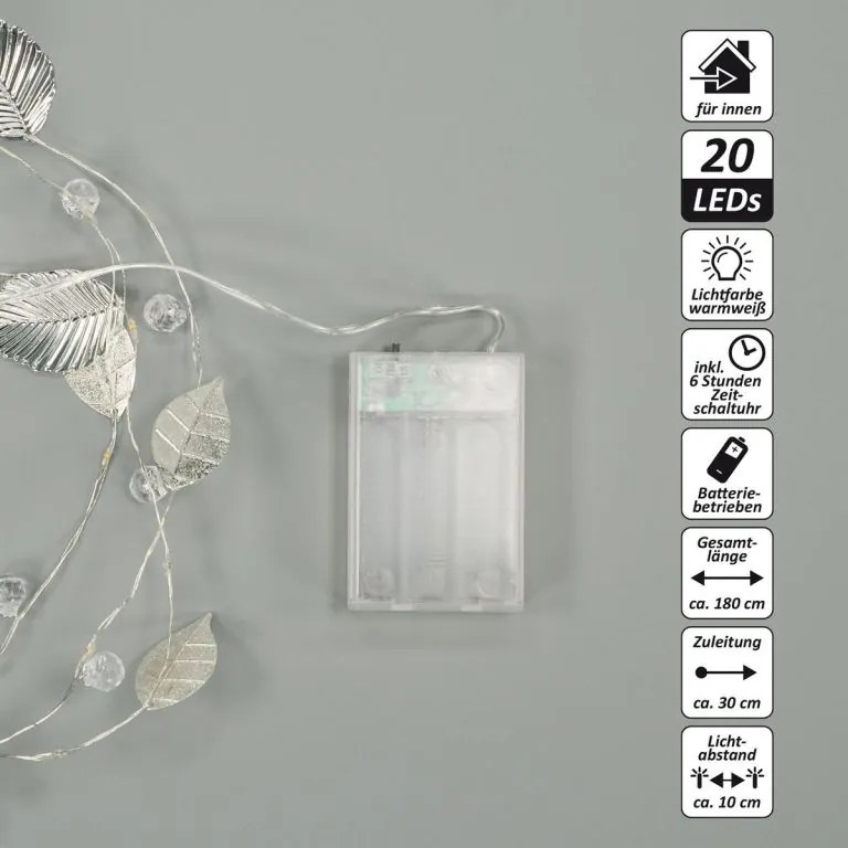 Oświetlenie perełkowe i srebrne listki, 20 diod LED, ciepła