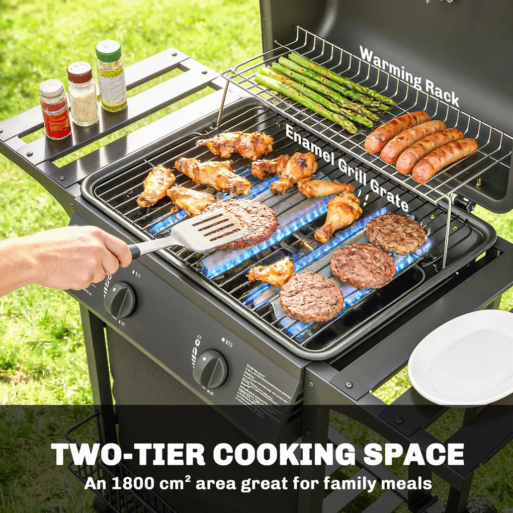 Outsunny Grill gazowy 5 kW, 2 palniki, BBQ Grill ze stali nierdzewnej z bocznymi stolikami, dolną półką, przednią osłoną i emaliowanym rusztem | Aosom PL