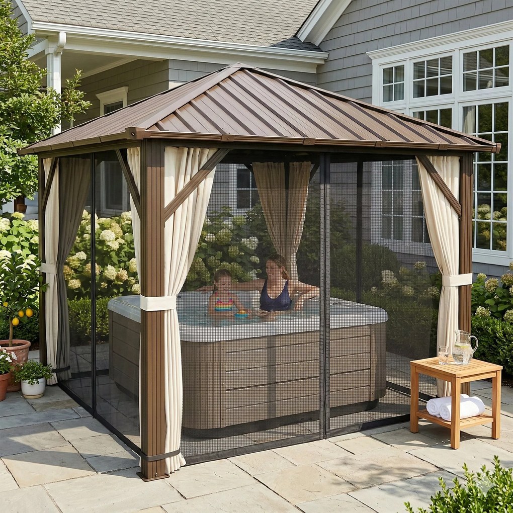 Outsunny Pawilon ogrodowy ok. 3 x 3 m aluminiowy z twardym dachem, moskitierą i 4 ścianami bocznymi, UPF50+ | Aosom PL