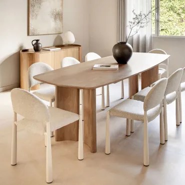 Zestaw Stołu Prostokątnego 200x100 Cm Z Drewna Mango Sidney Oraz 8 Krzeseł Jadalnianych Z Tkaniny Bouclé Nagore Naturalna - Sklum