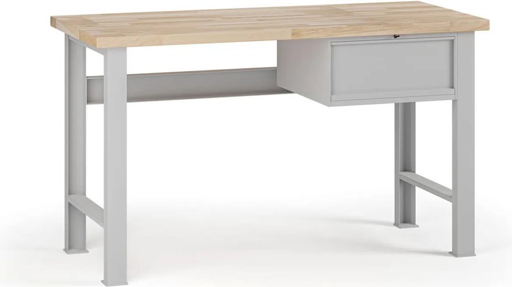 Stół warsztatowy G7, blat bukowy, 1500 x 800 x 840 mm, 1x kontener, 1x szuflada, szary