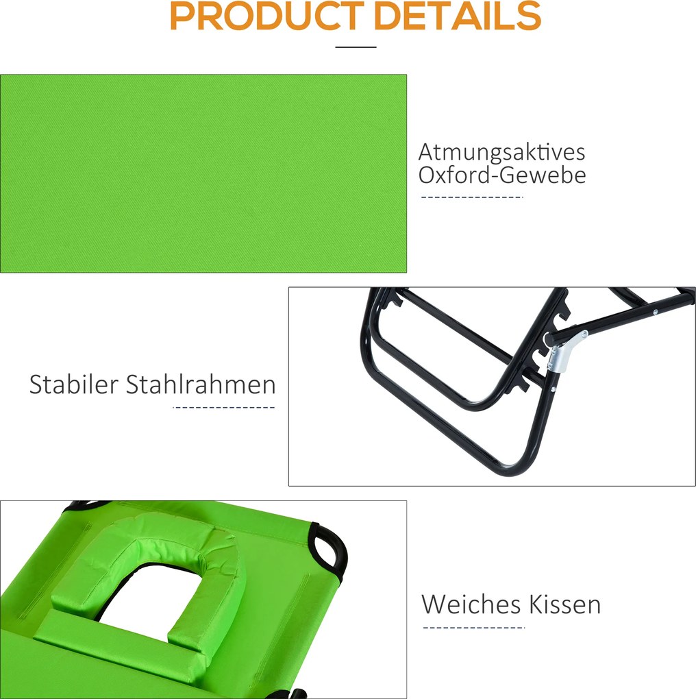 Outsunny Leżak z otworem na twarz & poduszką, składany, wodoodporne pokrycie, metalowy stelaż, zielony | Aosom PL