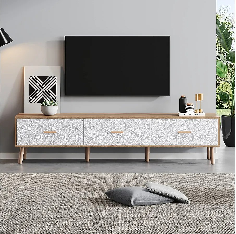 Szafka RTV z 3 szufladami - 150 x 35 x 39 cm - Płyta wiórowa - do salonu - Biały i drewno