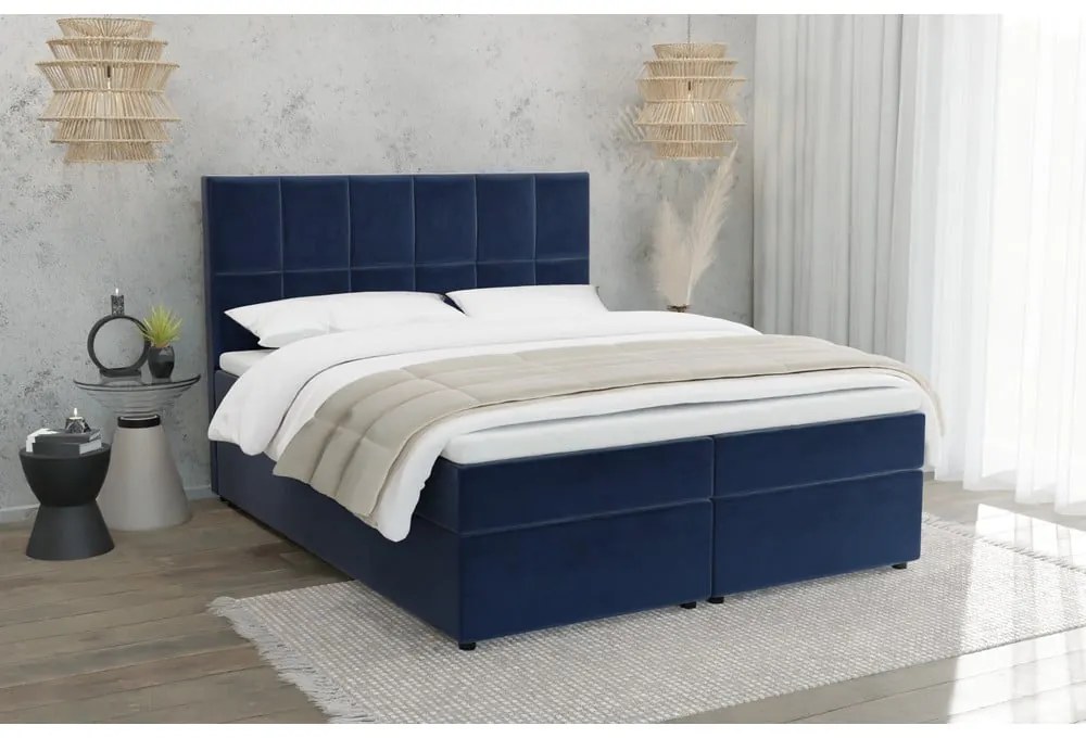 Ciemnoniebieskie łóżko boxspring ze schowkiem 140x200 cm Flip – Ropez