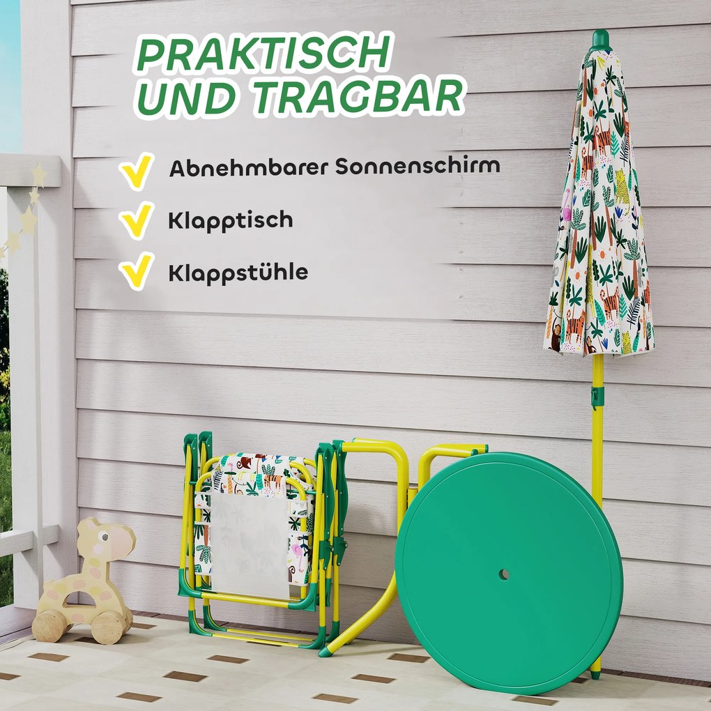 AIYAPLAY Zestaw siedzeń dla dzieci, 4-częściowy komplet z odłączanym parasolem, stół dziecięcy z 2 składanymi krzesłami, zielony | Aosom PL