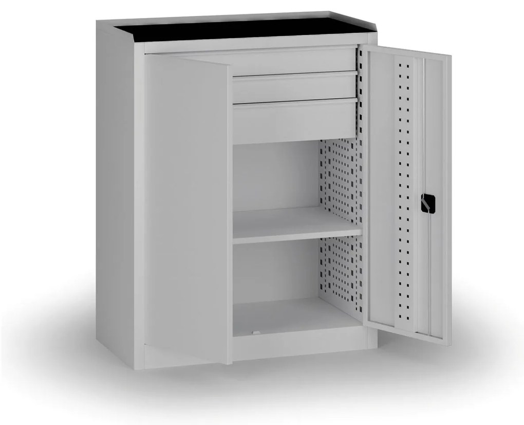 Szafa warsztatowa, 1 półka + 3 szuflady, 1180 × 950 × 500 mm, szare drzwi