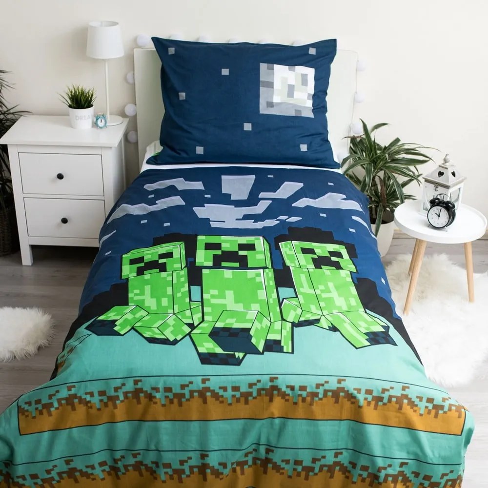 Zielono-niebieska bawełniana pościel dziecięca jednoosobowa 140x200 cm Minecraft "Sssleep Tight" – Jerry Fabrics