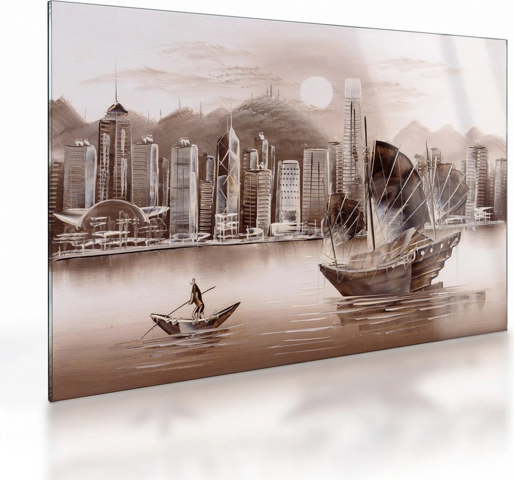 Obraz na szkle - Victoria Harbor, Hongkong, efekt sepii (70x50 cm)