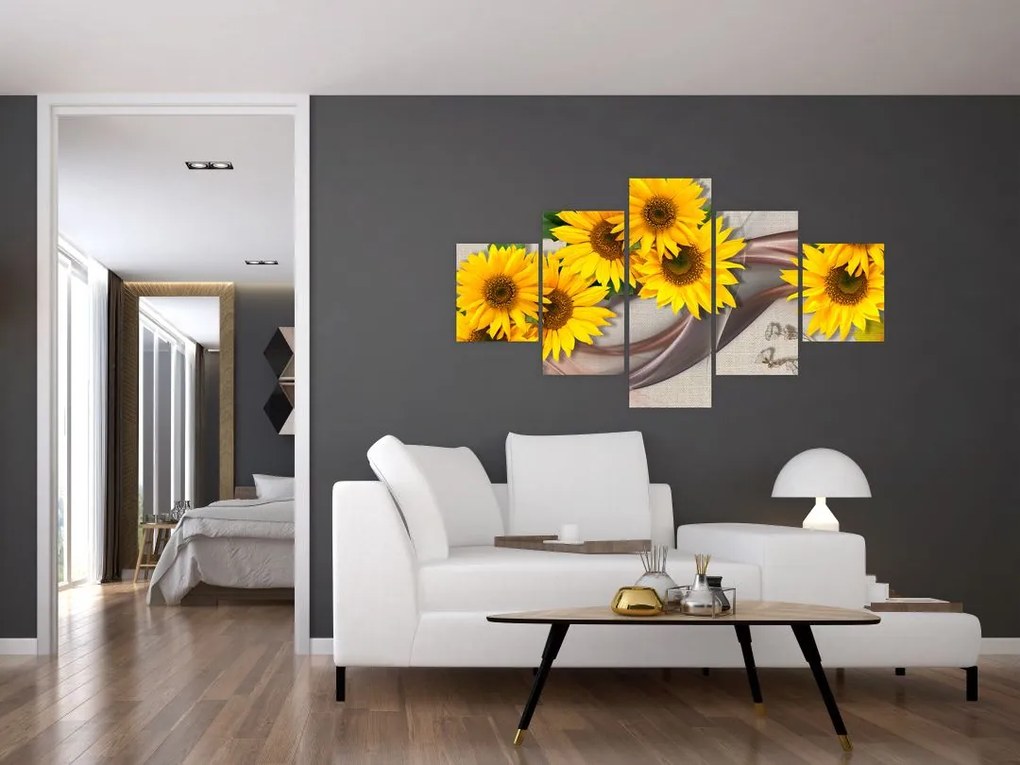 Obraz - Świecące kwiaty słonecznika (125x70 cm)
