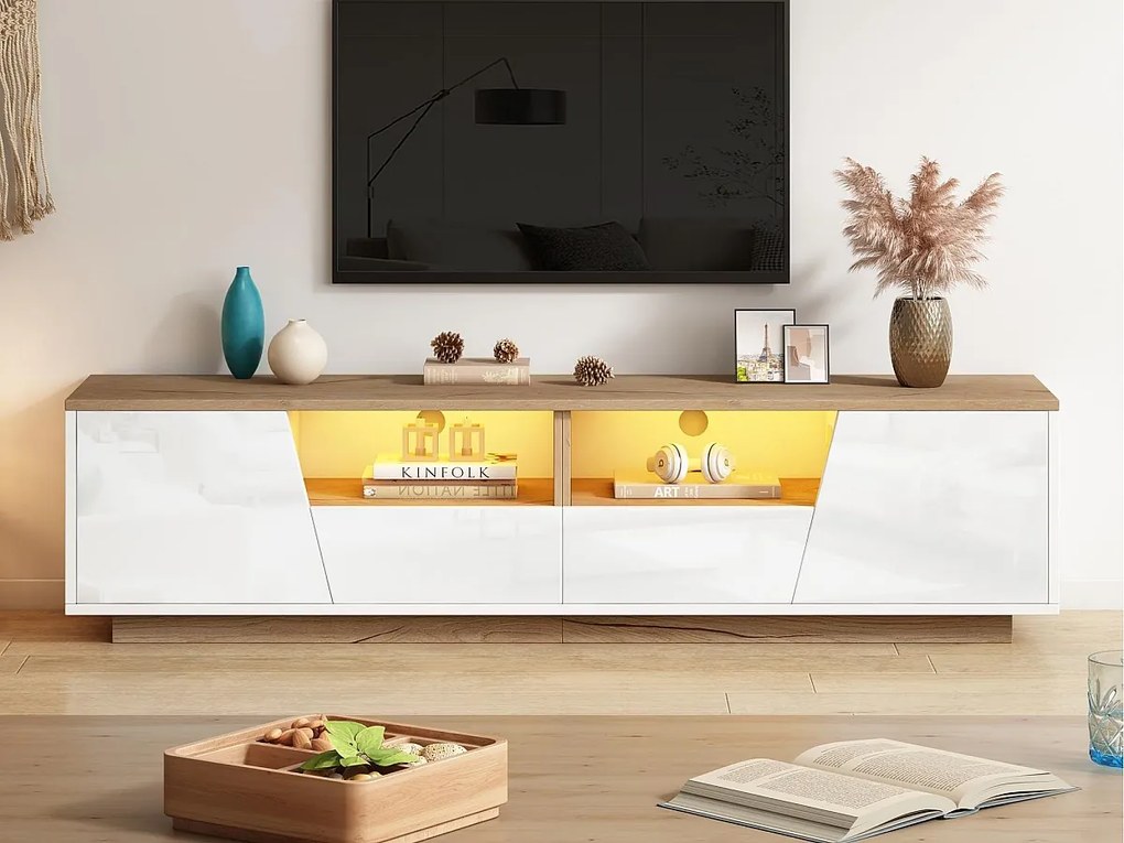 Meble TV 180x40x46cm - z 2 szufladami i 2 drzwiami - z oświetleniem LED - błyszczące wykończenie - Biały + naturalny