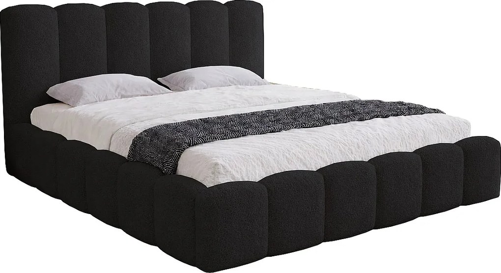 Łóżko dwuosobowe 180x200 Florent - łóżko z pojemnikiem i stelażem drewnianym - boucle, czarny (Lambi 13)