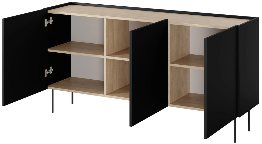 Komoda Desin 170 cm trzydrzwiowa - czarny mat / dąb nagano