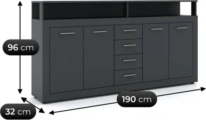 Komoda Czterodrzwiowa z Szufladami BLAGO 190 cm Antracyt Nowoczesna