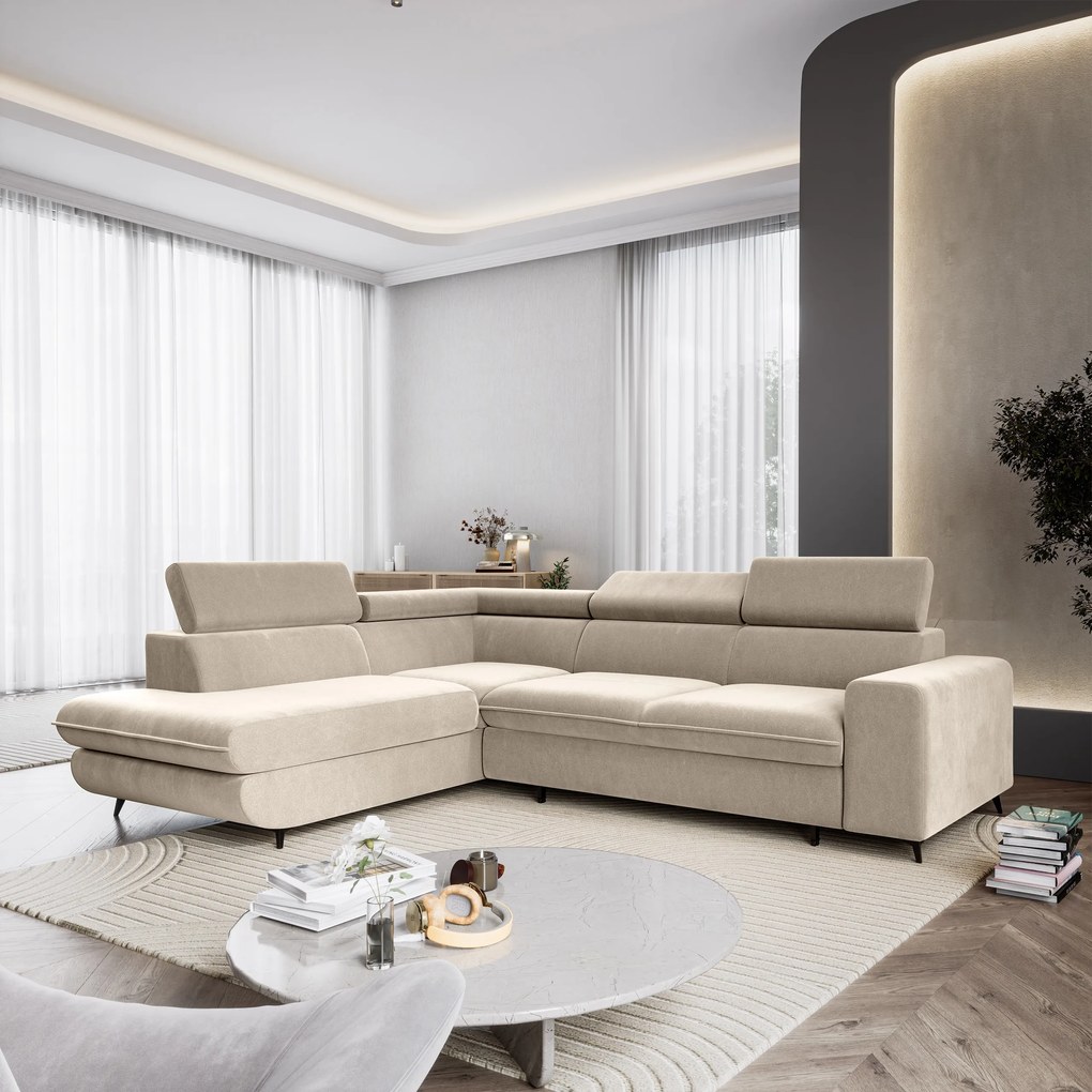 Masseno Narożnik VELISS z funkcją spania i pojemnikiem na pościel Narozniki L, Rozkładana sofa - Kremowy, CASTEL 03