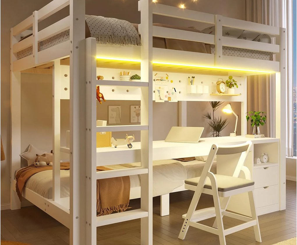Łóżko piętrowe 90x200 cm + 140x200 cm - z 2 szufladami - z biurkiem - z oświetleniem LED - biały​ (materac nie jest wliczony w cenę)
