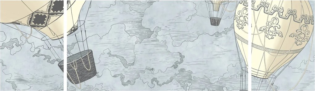 Obraz - Balony nad miastem, zimne odcienie (170x50 cm)