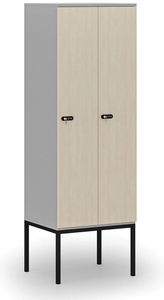 Drewniana szafa ubraniowa S4 z podstawą, 2-drzwiowa, 1871 x 600 x 500 mm, demontaż, zamek mechaniczny z kodem, szary/brzoza