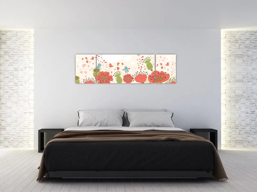 Obraz - Ptaszki na kwitnącej łące (170x50 cm)