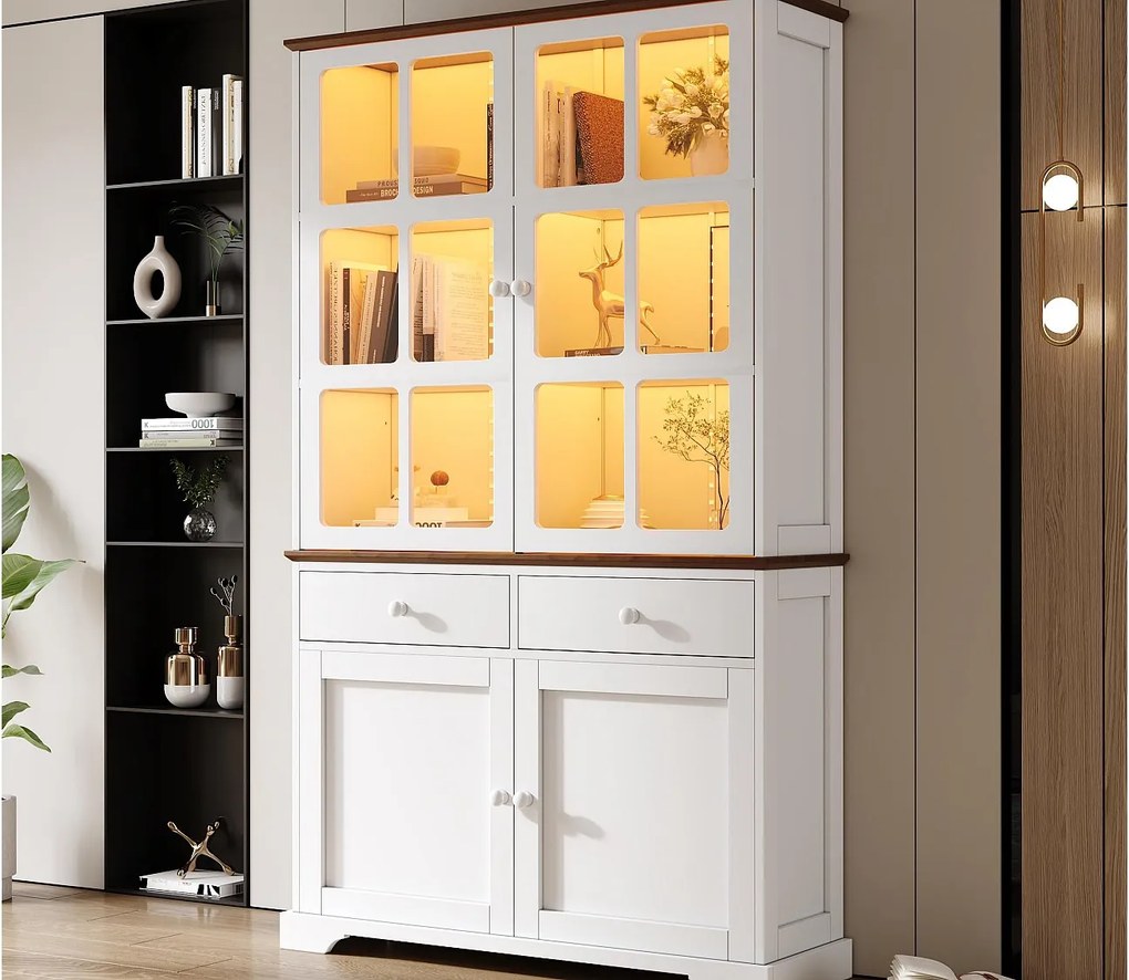 Witryna 120x36,5x200 cm - z oświetleniem LED - 2 szuflady i 4 drzwi - MDF - Biały