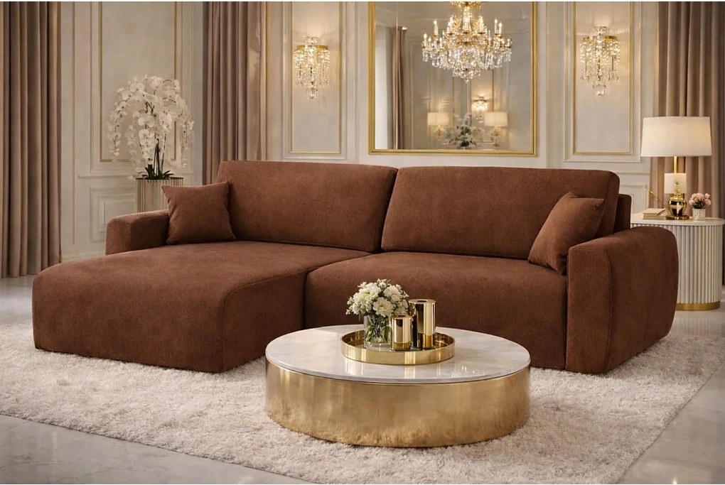 Narożnik z funkcją spania i pojemnikiem Ariel L, tkanina welurowa Salvador, Ciemnobrązowy, Lewy