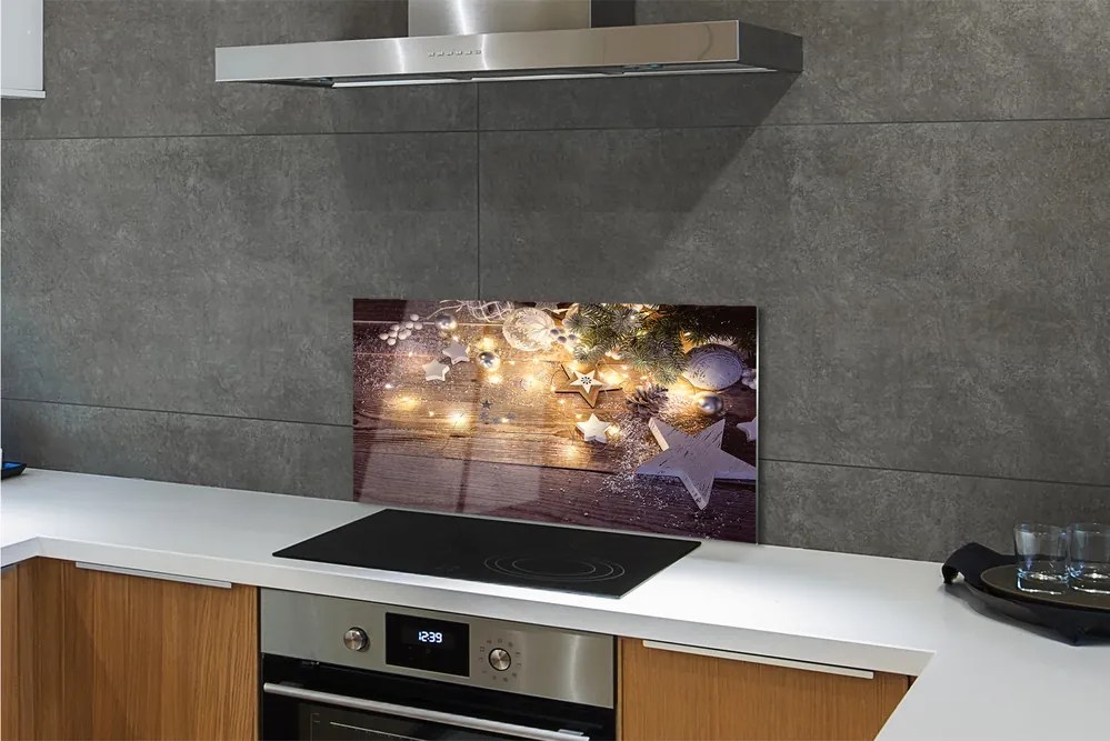 Panel szklany do Kuchni Świąteczny Blask Lampek i Szyszek