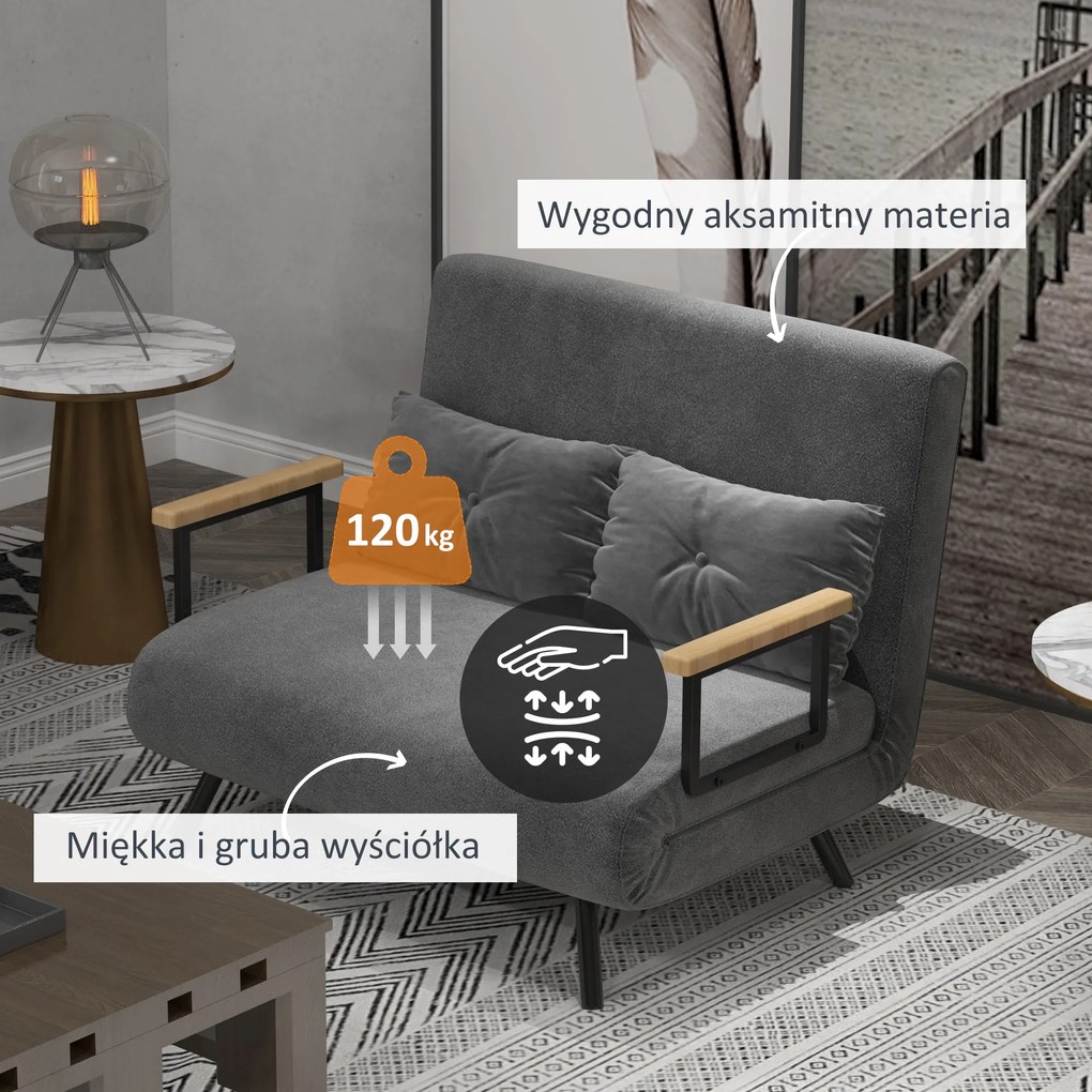 HOMCOM Sofa rozkładana 2 osobowa z Poduszkami Komfortowa i Funkcjonalna Maksymalne obciążenie 120kg 102x73x81cm Ciemnoszara | Aosom PL