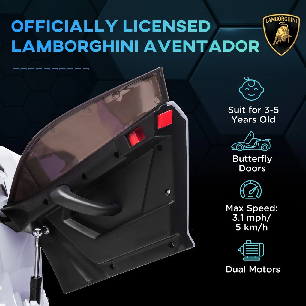 HOMCOM Elektryczny samochód dla dzieci, licencyjny Lamborghini Aventador, drzwi skrzydłowe, muzyka, klakson, dla 3-5 lat, Biały