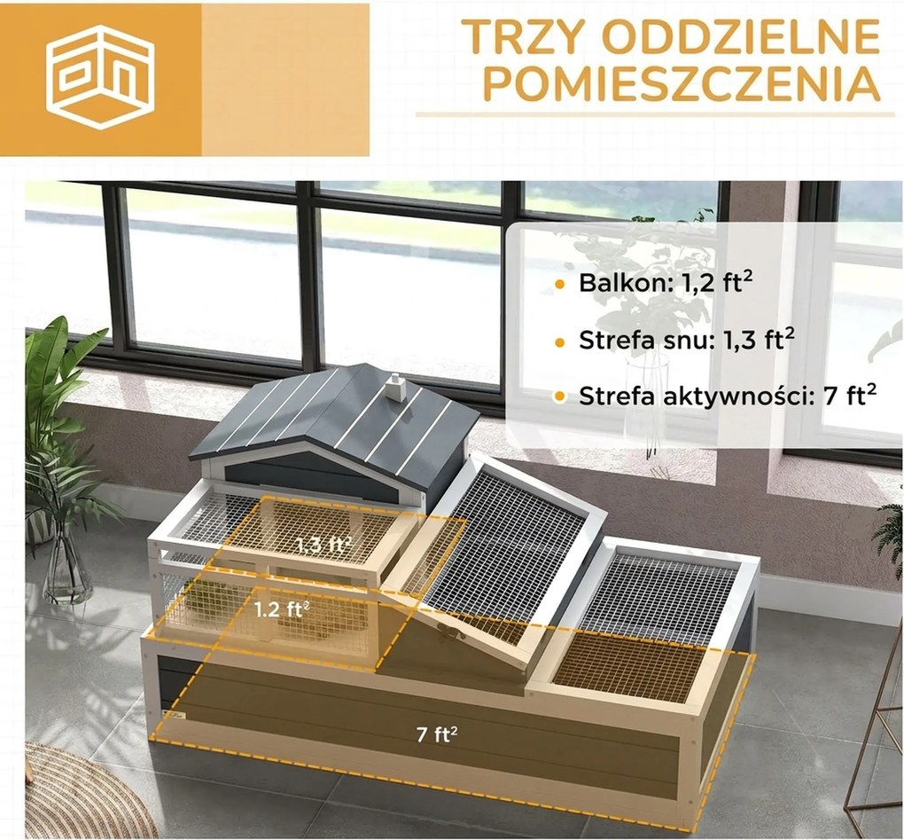 PawHut Domek dla żółwia, 2 poziomy, do użytku wewnętrznego i zewnętrznego, balkon, drewno jodłowe, szary | Aosom PL