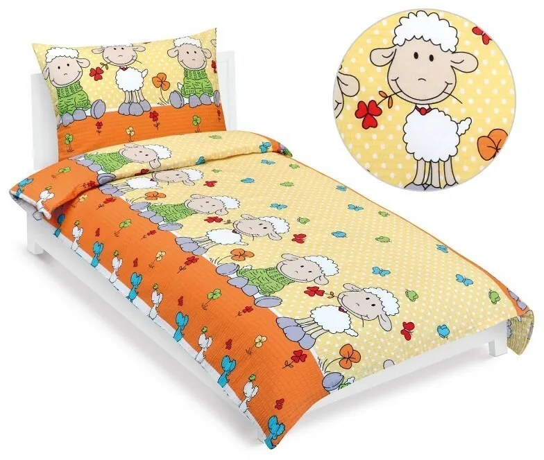 Bellatex Pościel dziecięca z krepy Sheep żółta,140 x 200, 70 x 90 cm