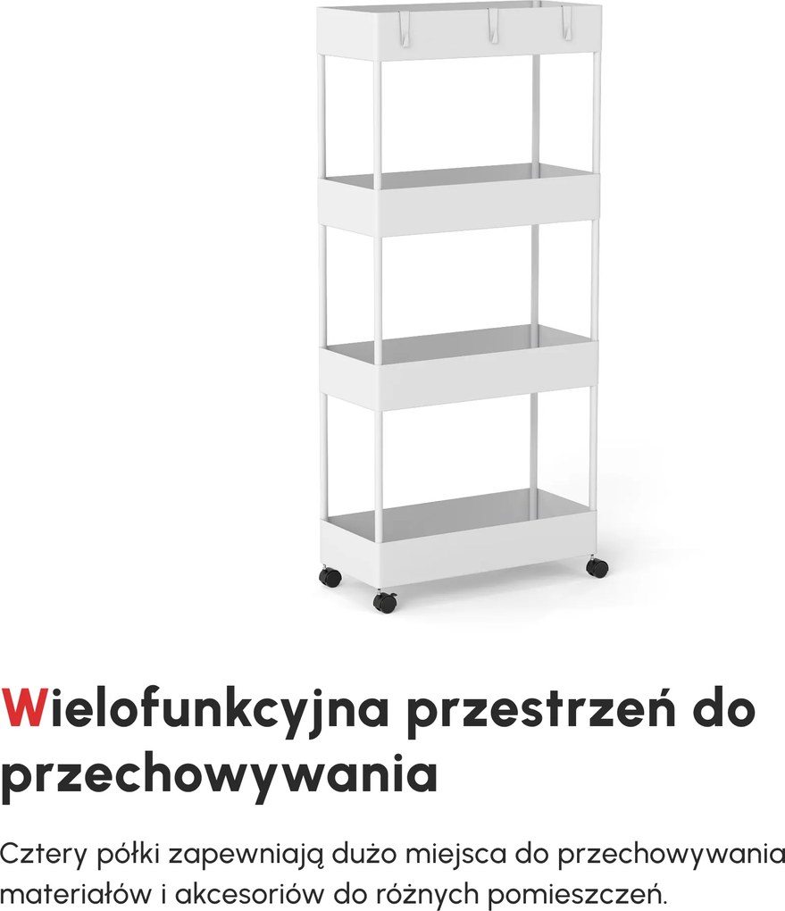 HOMCOM Wózek Kuchenny Niszowy z 4 Półkami 4 Hakami 4 Kółkami Biały 40x19x90cm | Aosom PL