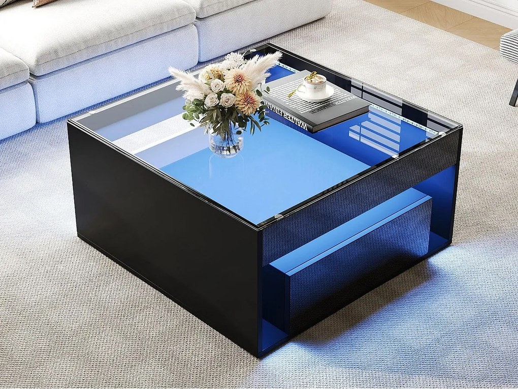 Błyszczący stolik kawowy 70x70x35 cm - Z oświetleniem LED - 1 szuflada - Otwarta półka - Blat hartowanego szkła - MDF - Czarny