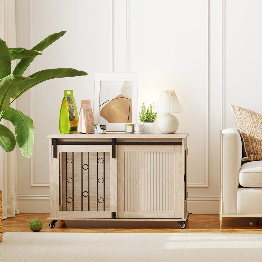 PawHut Skrzynia dla psa na kółkach, drzwi przesuwne, 100 x 56 x 65 cm, drewno, stal | Aosom PL