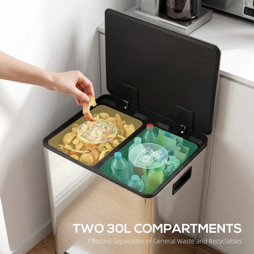HOMCOM Kosz na śmieci z 2x30 l komorami, pokrywa Soft-Close, odporny na odciski, stal nierdzewna, srebrny | Aosom PL