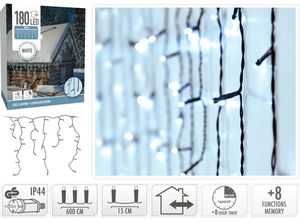 Łańcuch zewnętrzny Sople 6 m, 180 LED, zimna biała, wyłącznik czasowy, IP44