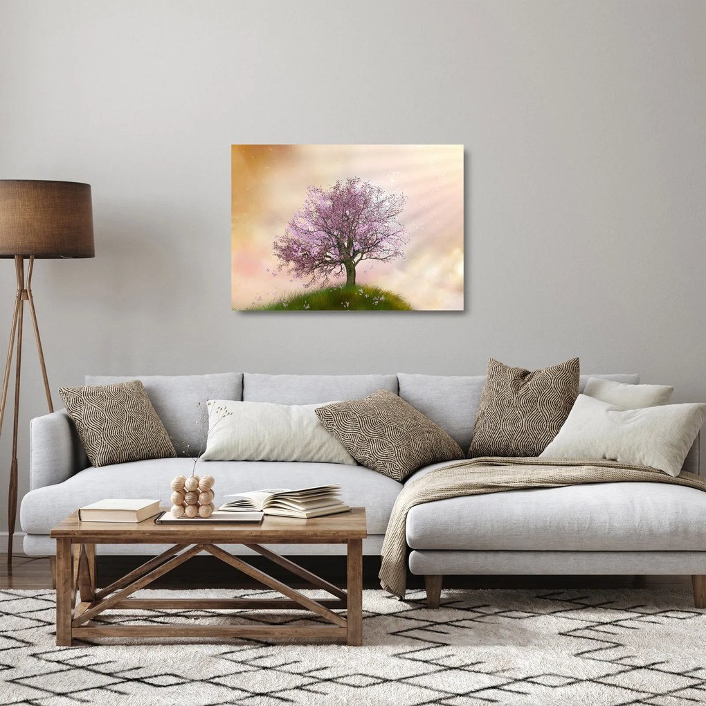 Obraz na szkle kwitnącego drzewa na szczycie wzgórza (70x50 cm)