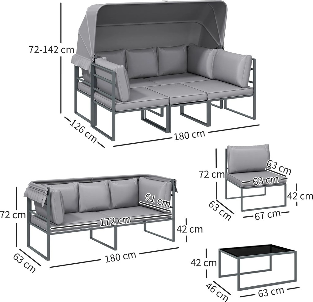 Outsunny Zestaw mebli zewnętrznych, sofa 3-osobowa z baldachimem, 2 krzesła, stolik kawowy z blatem szklanym, 12 poduszek, stalowa rama, Szary