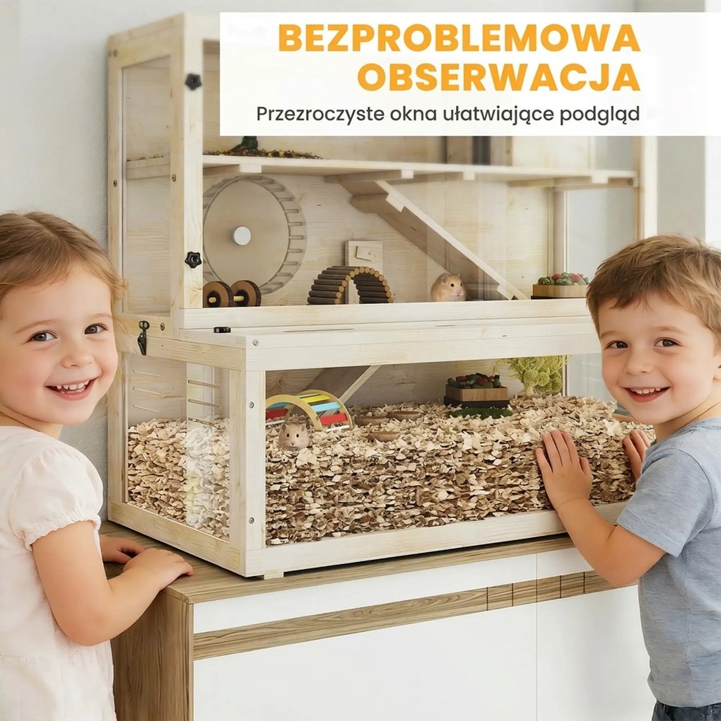 PawHut Klatka dla chomika, 3 poziomy, domek, akcesoria, 100 x 50 x 84 cm, dla kilku małych zwierząt, drewno, tworzywo sztuczne | Aosom PL