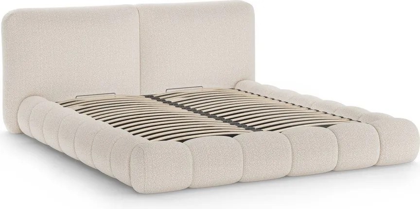 Beżowe tapicerowane łóżko dwuosobowe ze schowkiem i stelażem 200x200 cm Solange – Micadoni