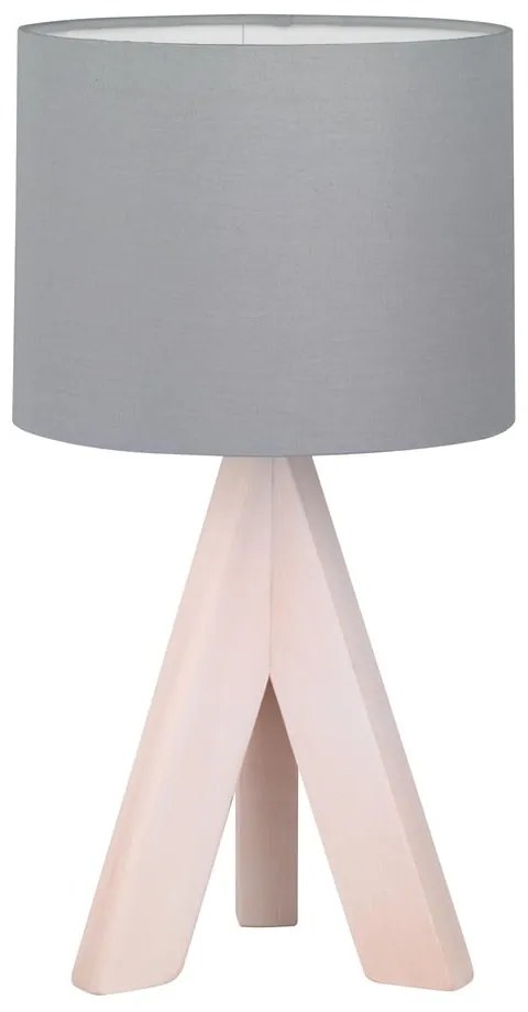 Szara lampa stołowa z naturalnego drewna i tkaniny Trio Ging, wys. 31 cm