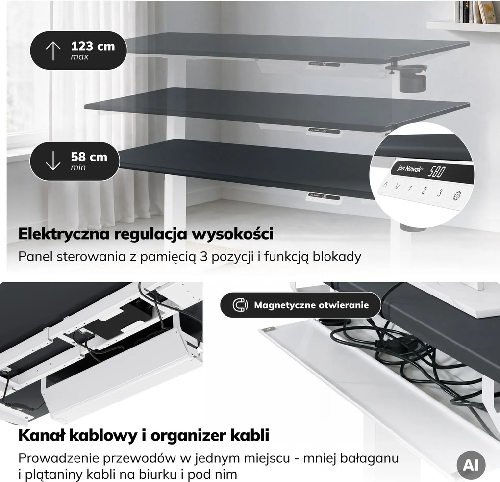 Biurko elektryczne z regulacją wysokości ergonomiczne biało-antracytowe,1600x800 mm: ARIA
