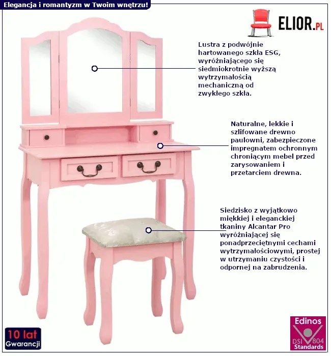 Różowa toaletka ze stołkiem - Luxed
