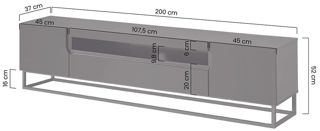 Szafka RTV Loftia 200 cm z wnęką i metalowym stelażem - czarny / czarny mat
